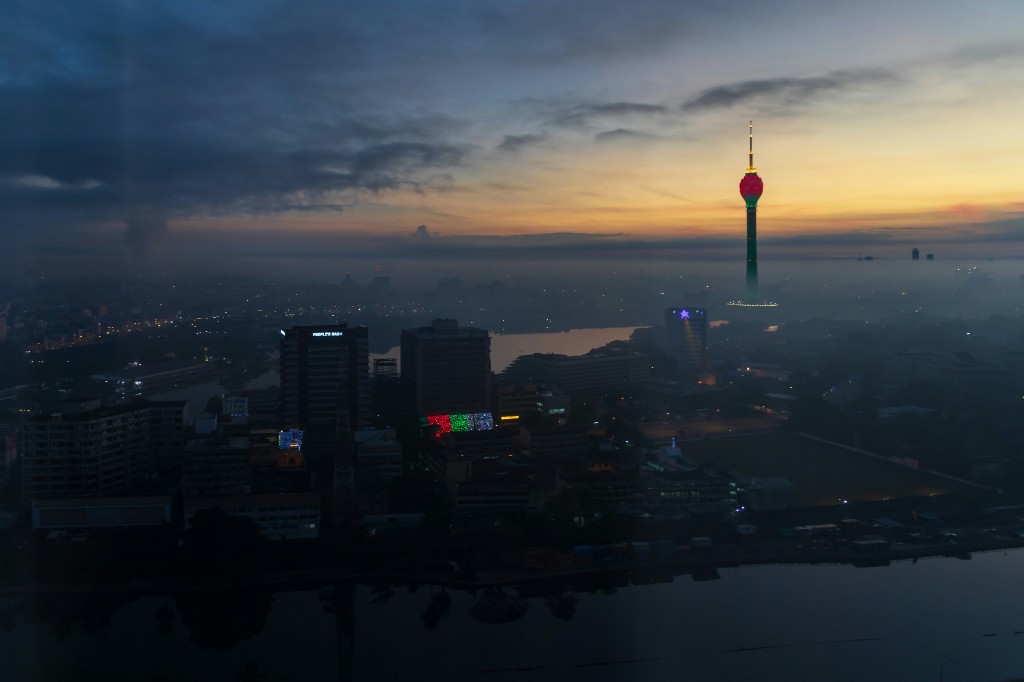 Colombo city skyline and Lotus Tower at sunrise