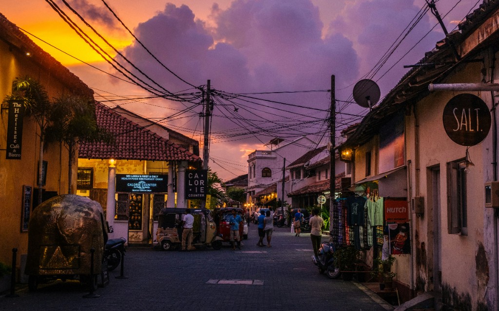 Old Dutch Fort and cobblestone streets in Galle Sri Lanka at sunset